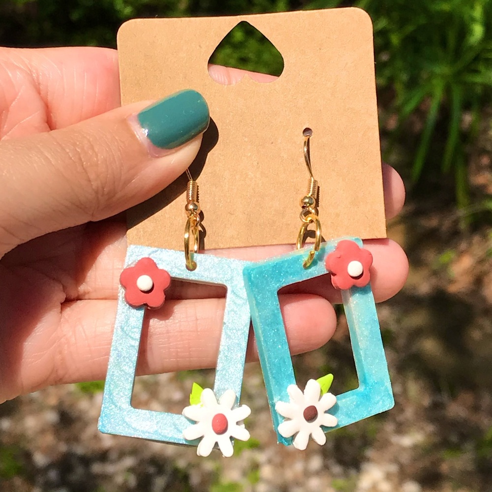 Handmade Blue Rectangular Earrings with Flowers 🌸
